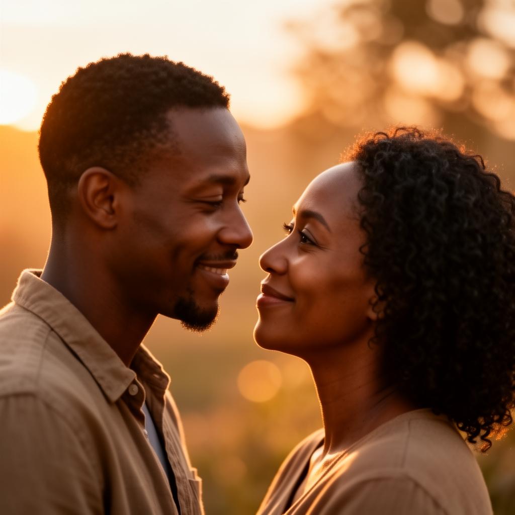 A Black couple sharing a tender, hopeful moment at golden hour