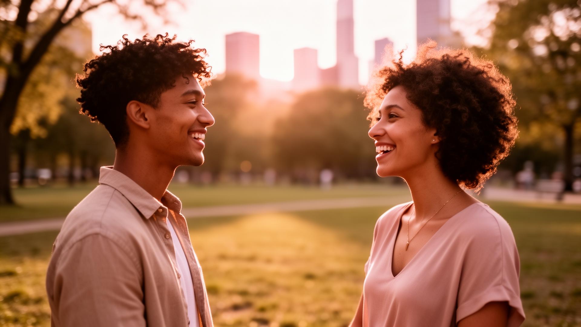 Two people sharing a warm, joyful conversation outdoors
